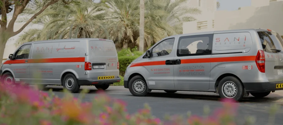 Saniservice vans attending an aircon cleaning