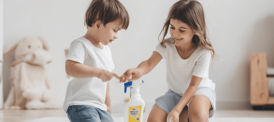 Child-Safe Home Disinfection Products Dubai - parent reviewing safe disinfectant labels in a Dubai family home with young children present
