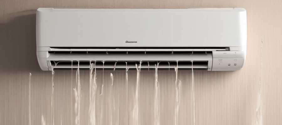 How Poor AC Installation Leads to Water Leakage - technician inspecting condensate drain line and tray of wall-mounted split AC unit in Dubai apartment