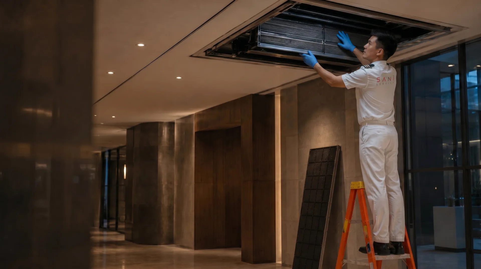 A Saniservice technician servicing a ceiling air-conditioning grille