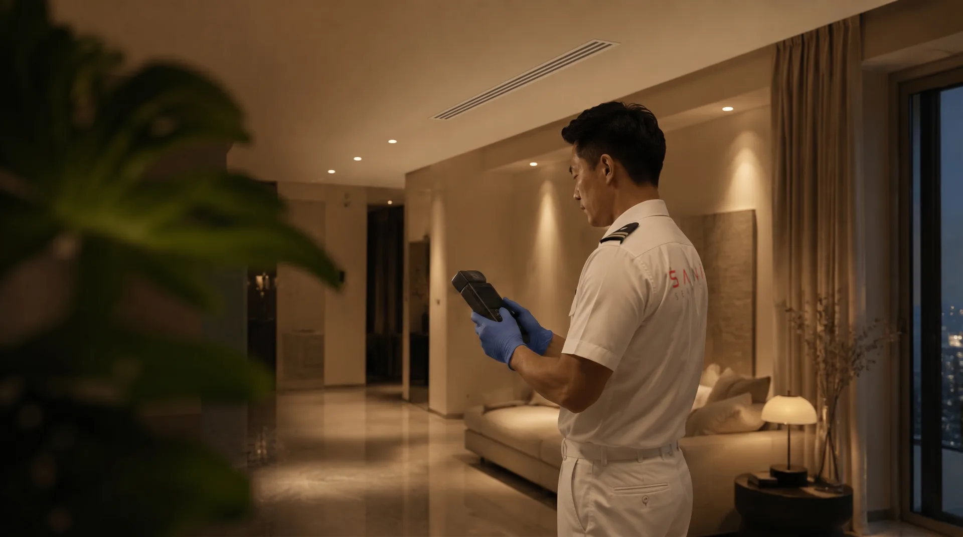 A Saniservice specialist measuring indoor air quality in a home with a calibrated instrument