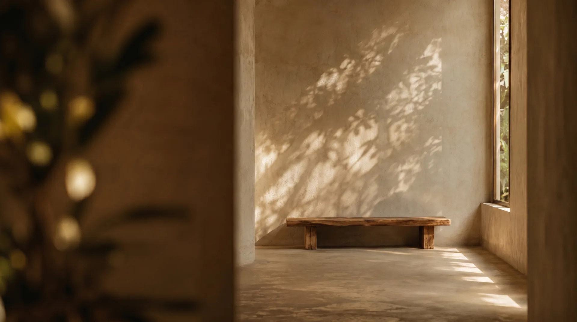 A calm, sunlit clinic space with a wooden bench and dappled light on a plaster wall