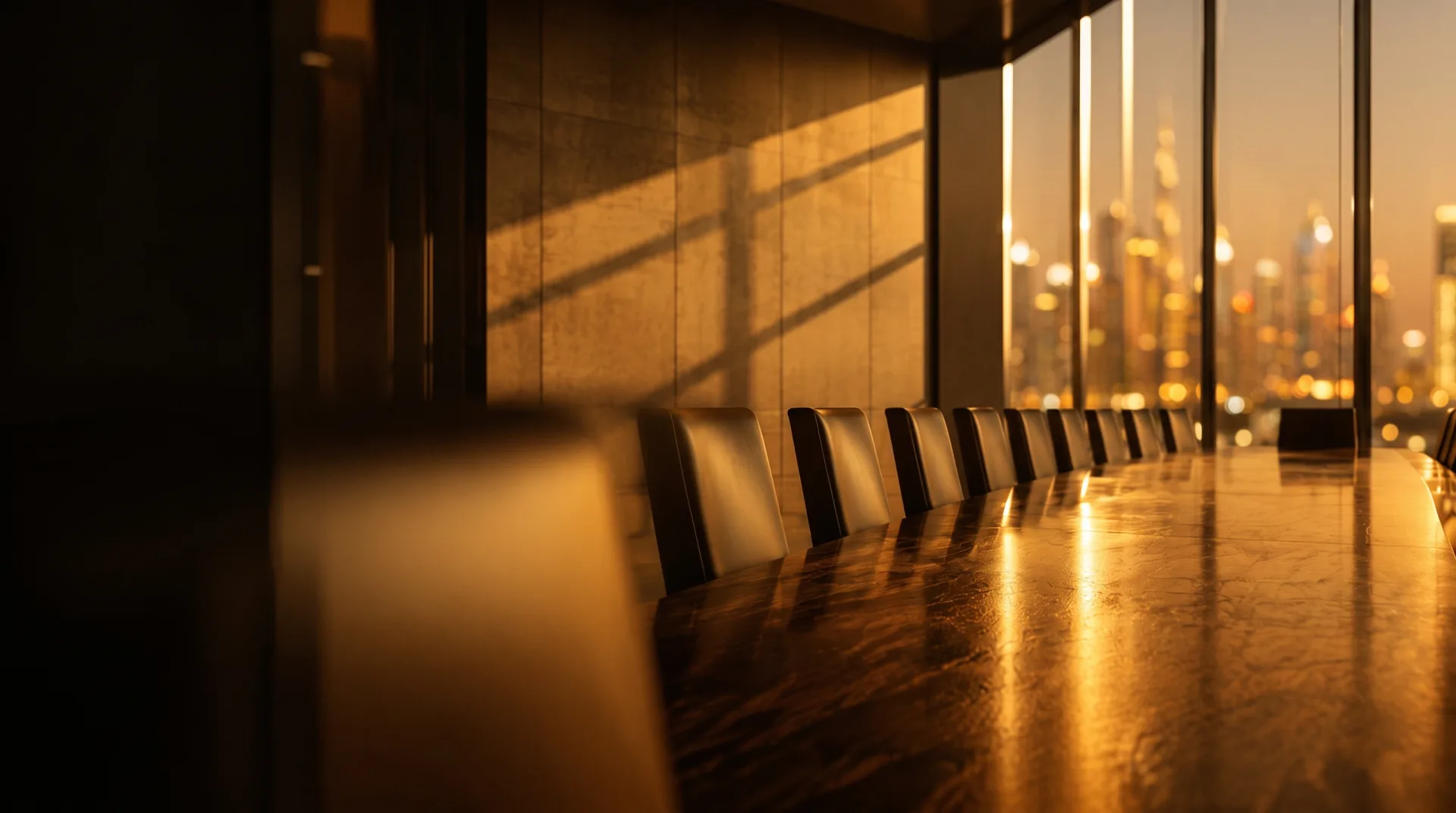 A corporate boardroom at golden hour with a Dubai skyline through floor-to-ceiling windows
