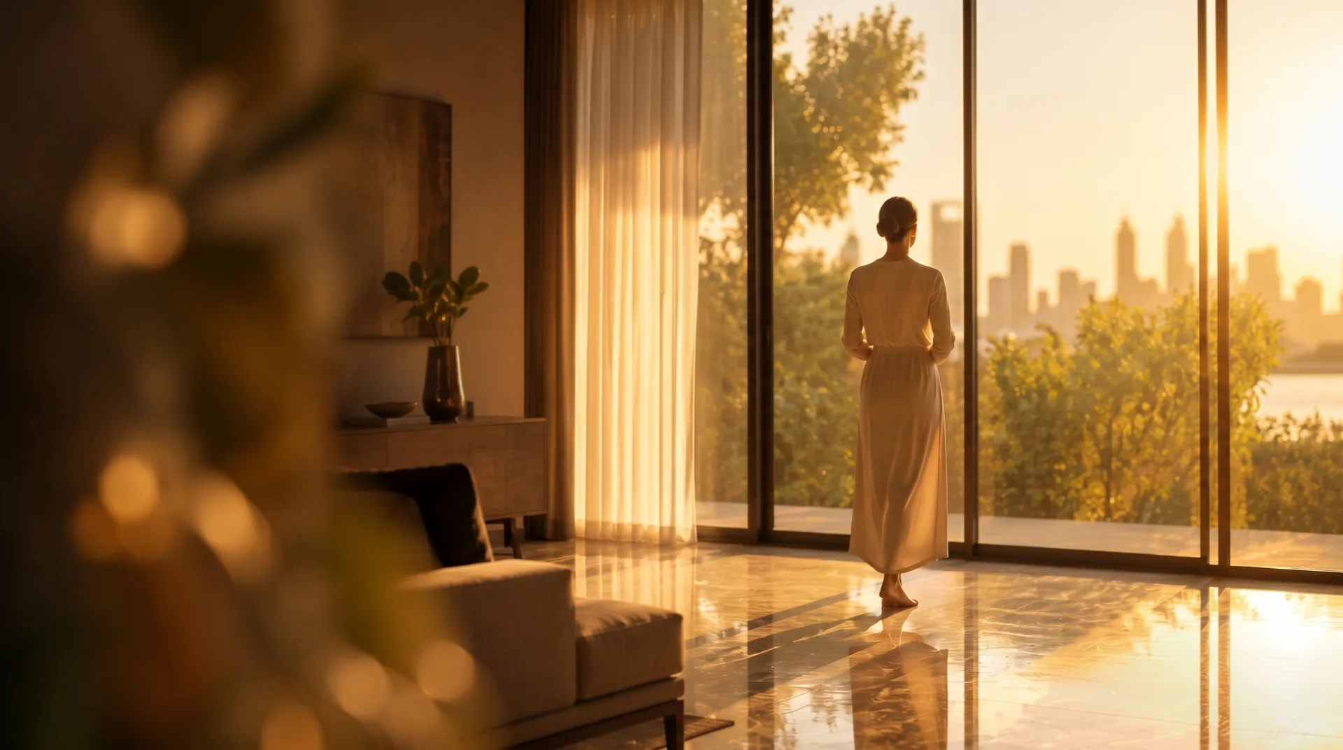 A resident at the floor-to-ceiling windows of a sunlit Dubai home at golden hour