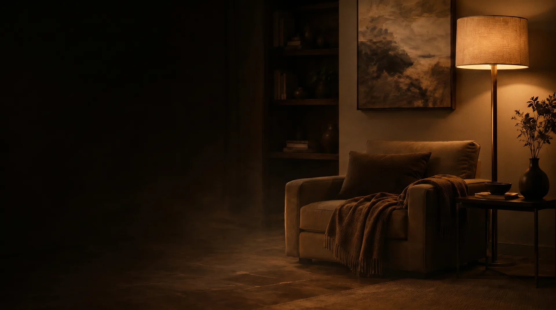 A softly lit living room at dusk, the kind of home where radon can accumulate unseen.