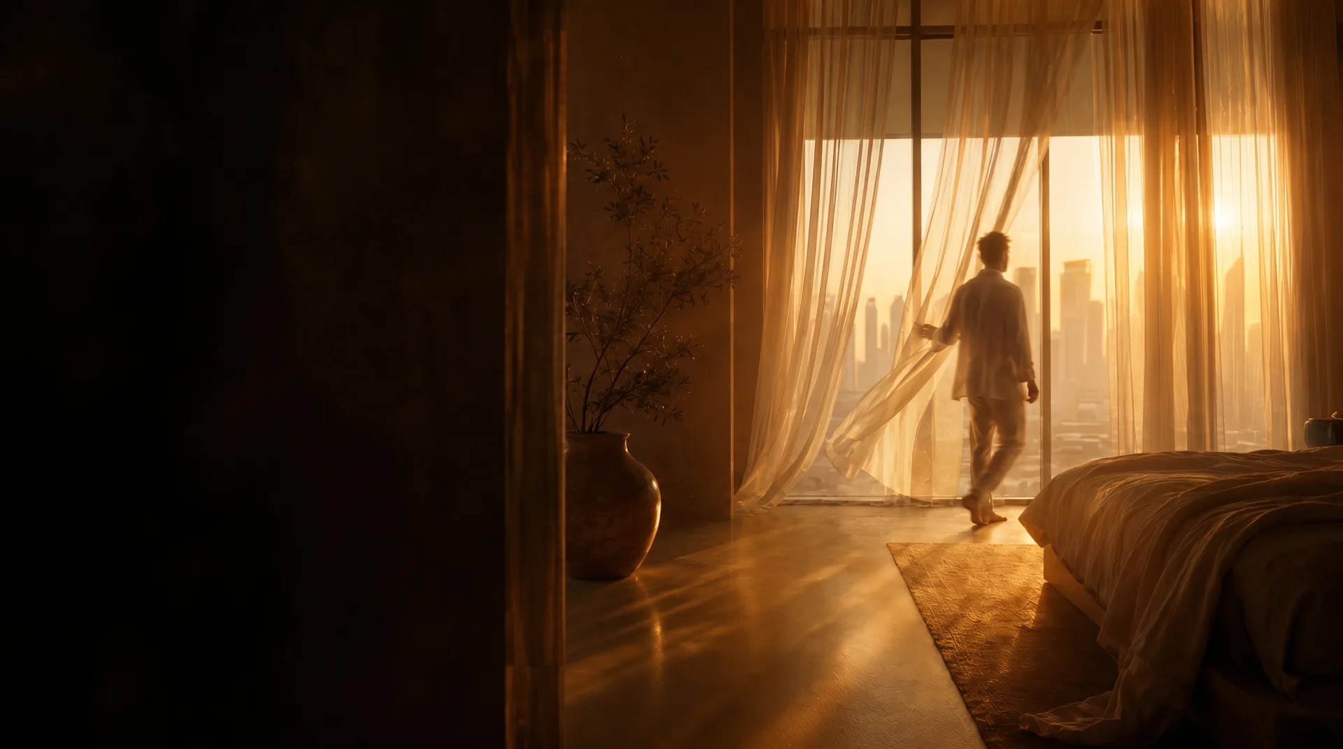 A man in a sunlit villa drawing a sheer curtain at a floor-to-ceiling window, Dubai skyline beyond at golden hour.