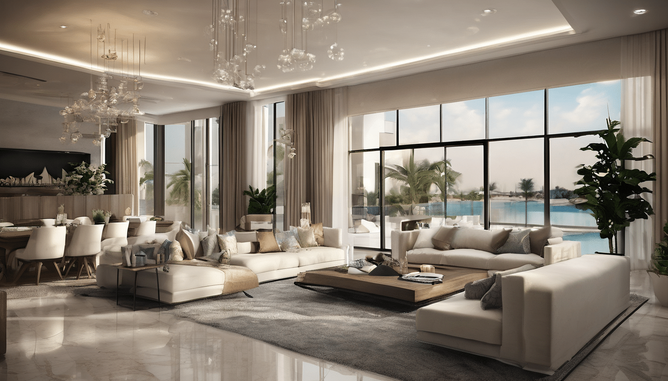 Case study illustration: Context/environment photo of a modern Dubai villa interior, highlighting new furnishings, carpets, a