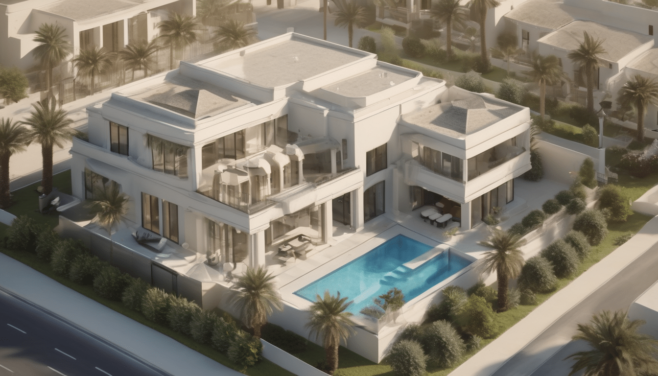 Case study illustration: Aerial overview of a modern Dubai villa in Jumeirah with air conditioning units visible on the exter