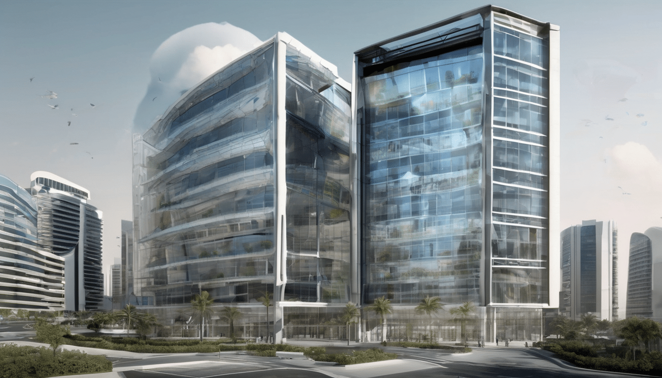 Case study illustration: Overview photograph of a modern multi-storey commercial office building in Dubai with glass facades