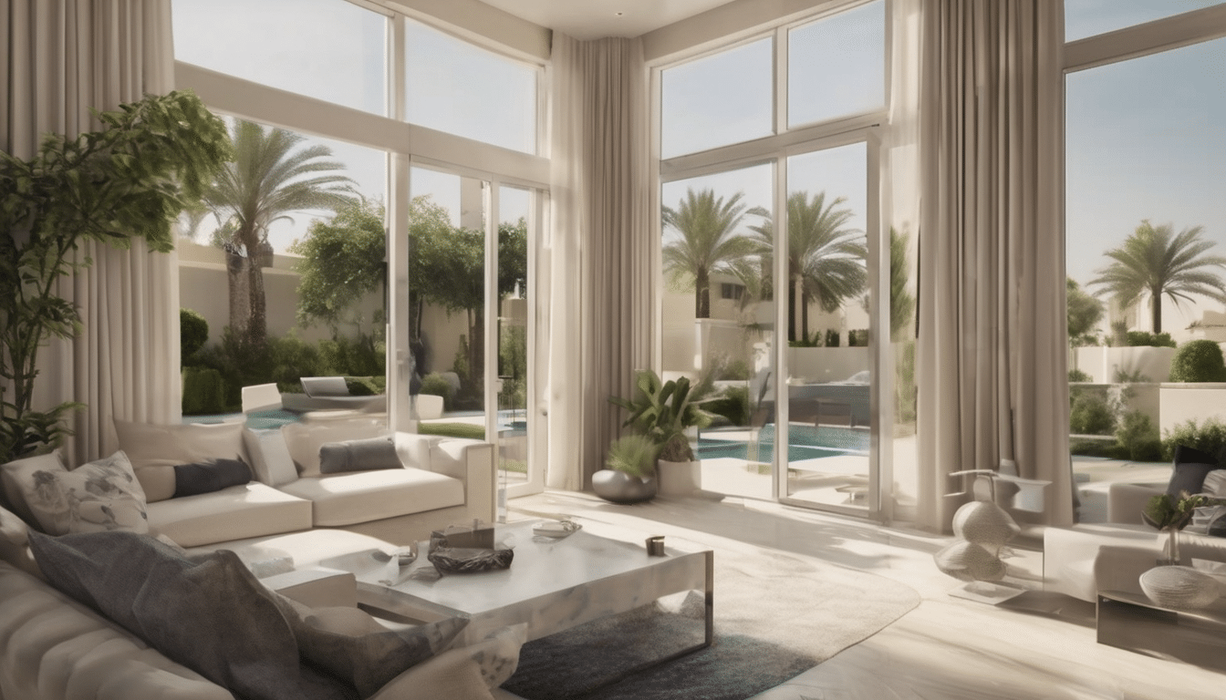 Case study illustration: Modern residential villa in Dubai with visible air conditioning units, landscaping, and architectura