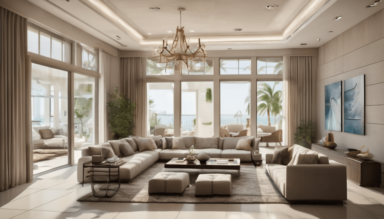 Case study illustration: Interior living room of a Dubai villa showing modern furniture, air conditioning vents, and open-pla