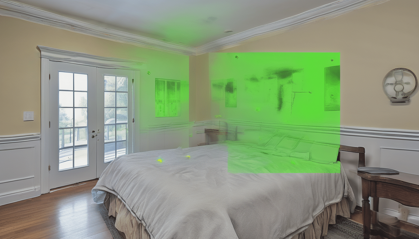 Case study illustration: Thermal imaging scan of villa bedroom wall showing cold spots and potential moisture at FCU drain, w