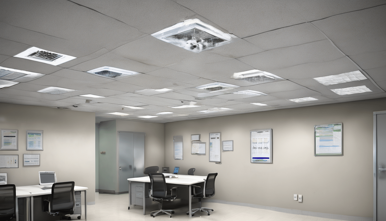 Case study illustration: Detailed interior photograph showing HVAC return air vents in office ceiling, air conditioning diffu