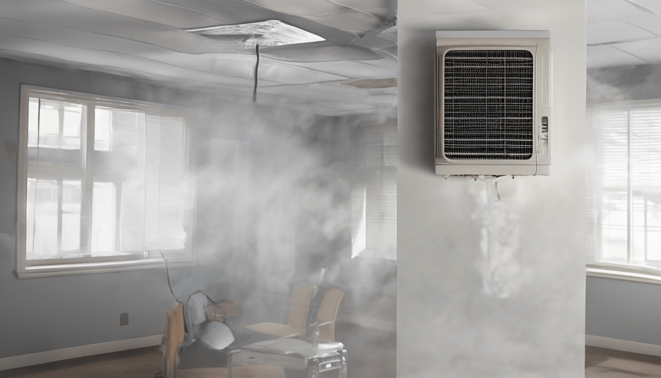 Case study illustration: Split-unit air conditioning system showing indoor unit mounted on wall with potential condensation i