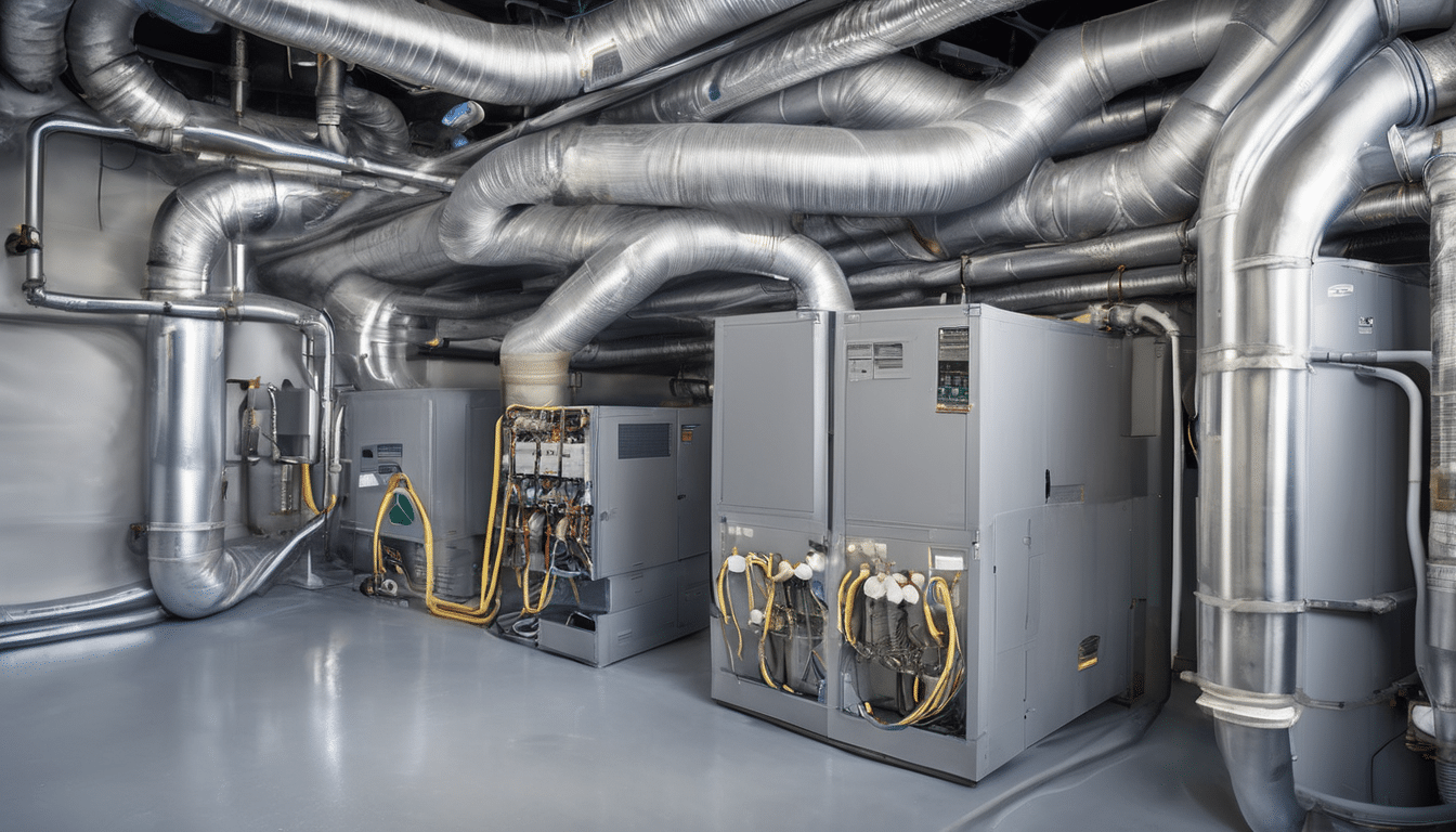 Case study illustration: Remediation work in progress showing HVAC system cleaning, ductwork decontamination, or ventilation