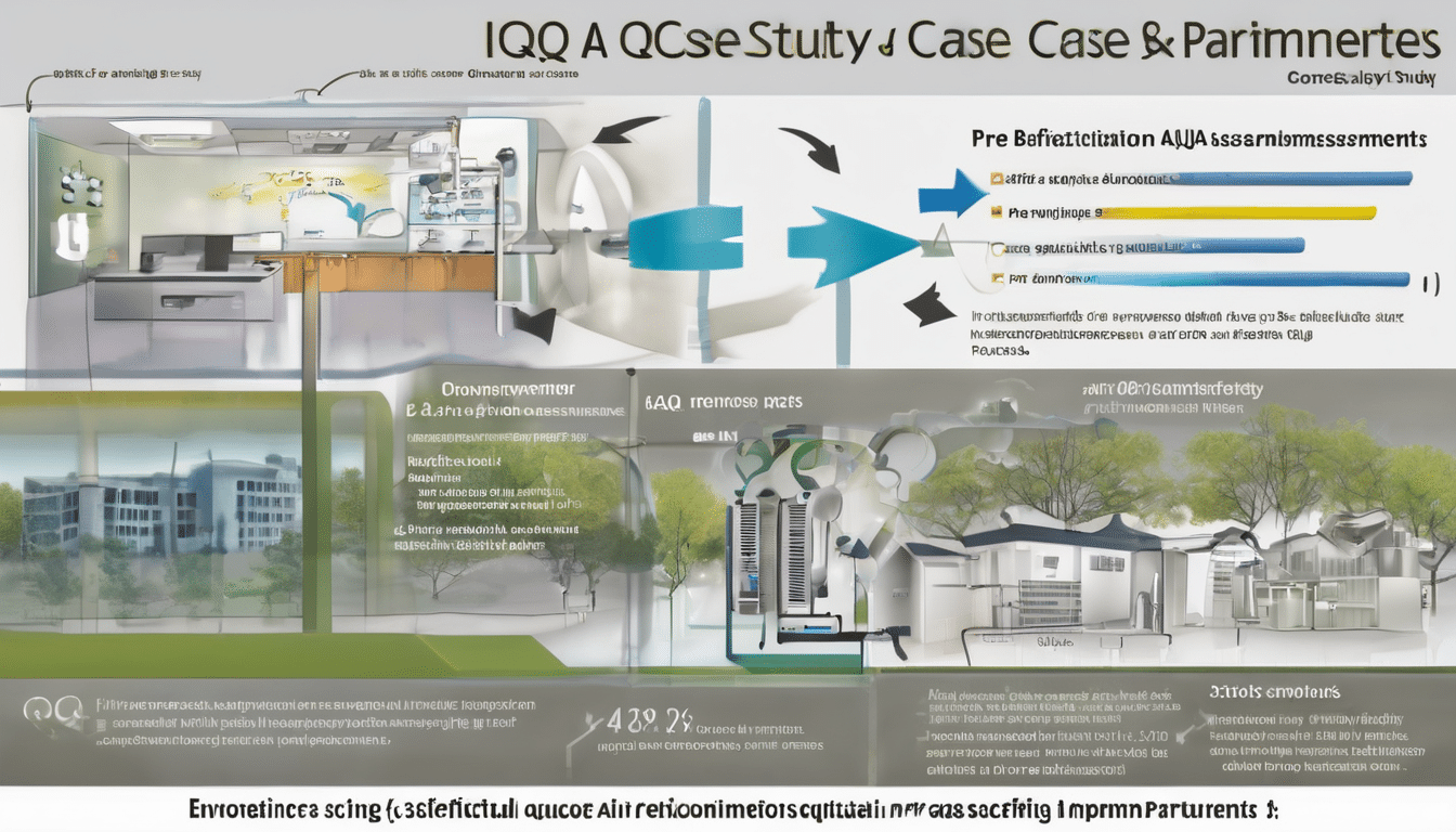 Case study illustration: Side-by-side comparison infographic of pre- and post-remediation IAQ parameters with arrows showing