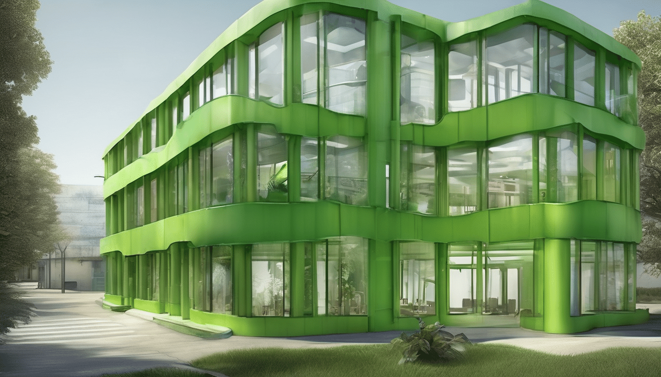 Case study illustration: Interior view of a modern office space showing HVAC vents, windows, and occupants at workstations, i