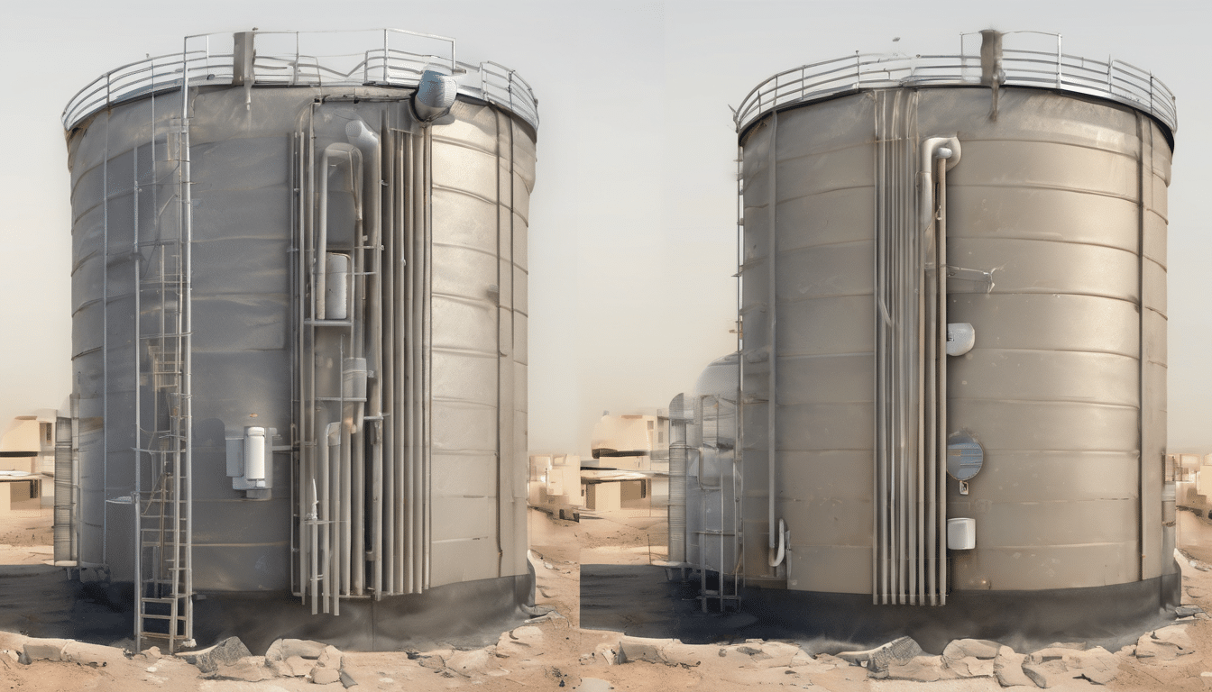 Case study illustration: Context/environment photo of a typical Dubai villa rooftop water tank setup, showing insulation degr
