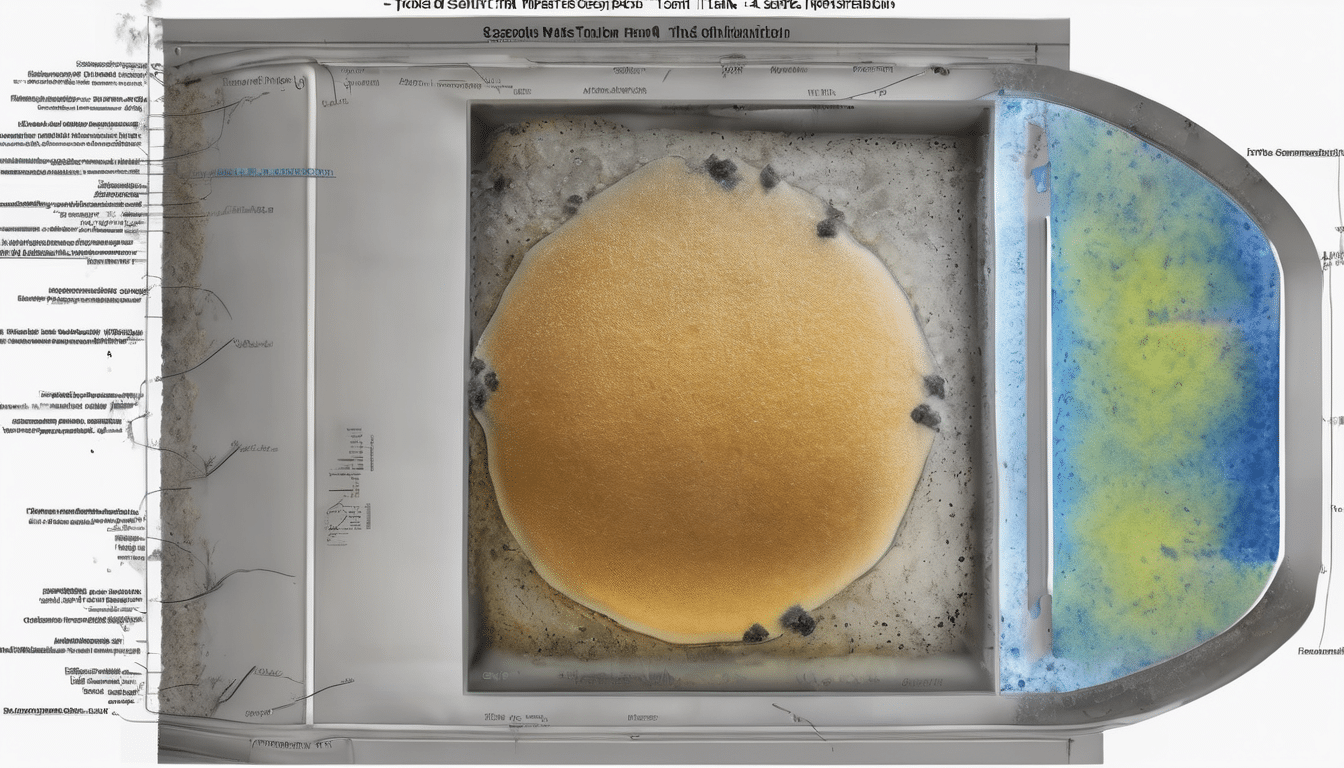 Case study illustration: Case subject details showing interior of contaminated water tank with visible biofilm, sediment laye