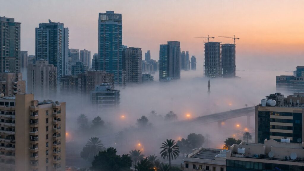 Early morning fog over Dubai buildings during the September humidity season